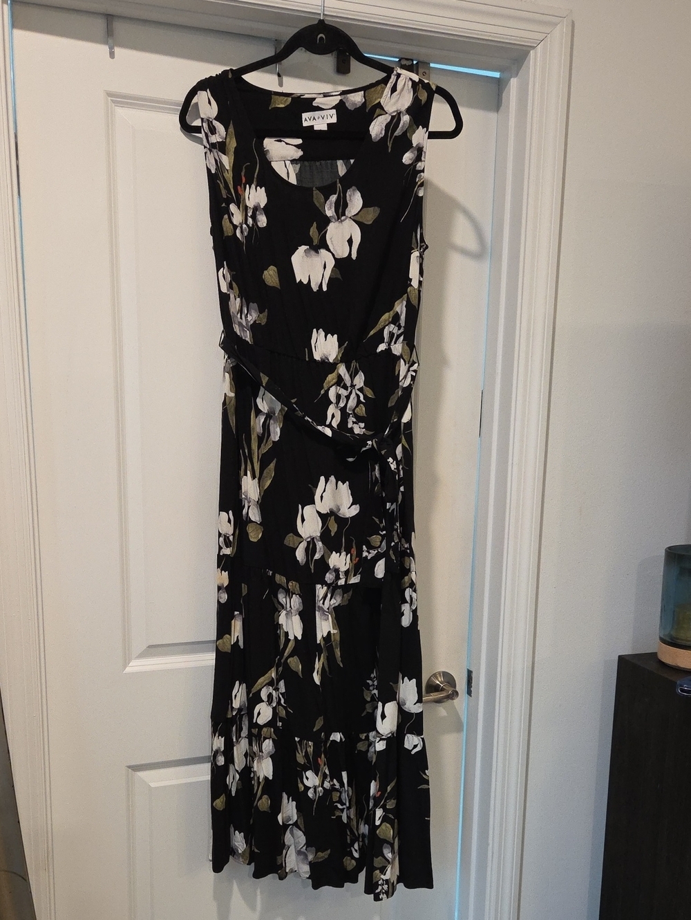Ava & Viv Black Floral Tie-Waist Maxi Dress Size X! With Belt And Pockets!